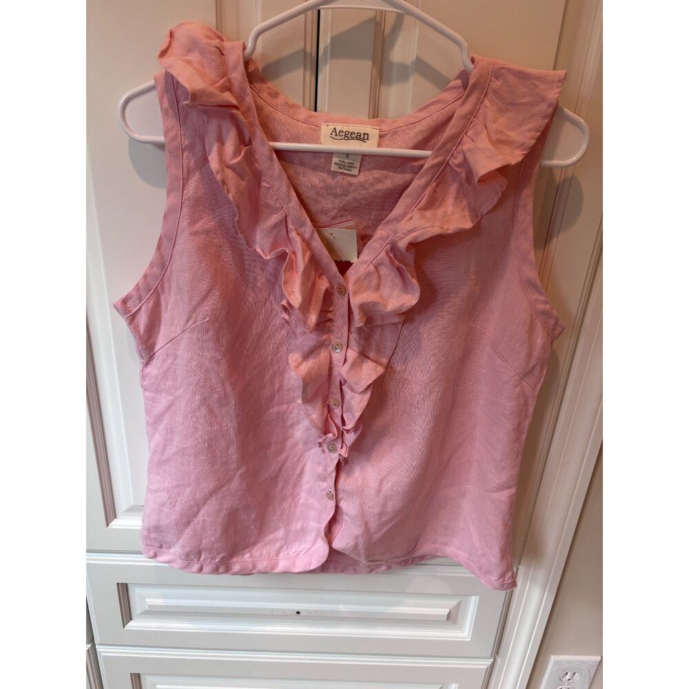 Aegean 100% Linen Ruffle Button Front Sleeveless Blouse Pink Size Small